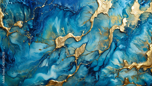 Ink Abstract: Blue Colored Paint with Watercolor Stone and Liquid Marble Texture, Modern Gold Glitter Blue Design Splash - Design Template, Wallpaper, Background - Artistic Luxury for Creative Project