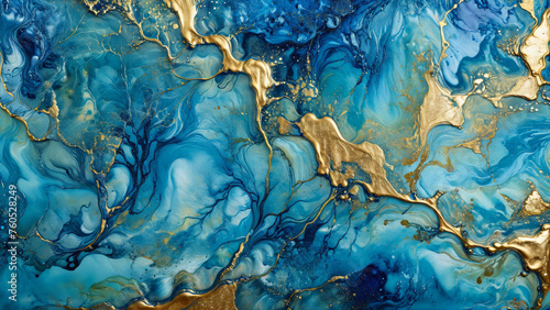 Ink Abstract: Blue Colored Paint with Watercolor Stone and Liquid Marble Texture, Modern Gold Glitter Blue Design Splash - Design Template, Wallpaper, Background - Artistic Luxury for Creative Project