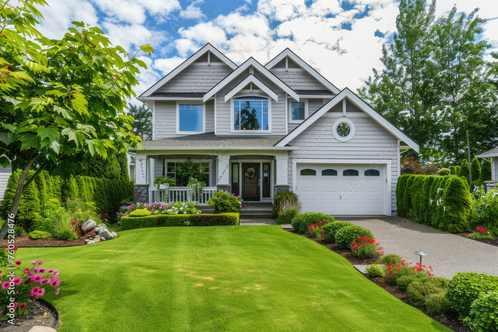 White two-story home with front porch and garage, green grass in the yard, trees and flowers