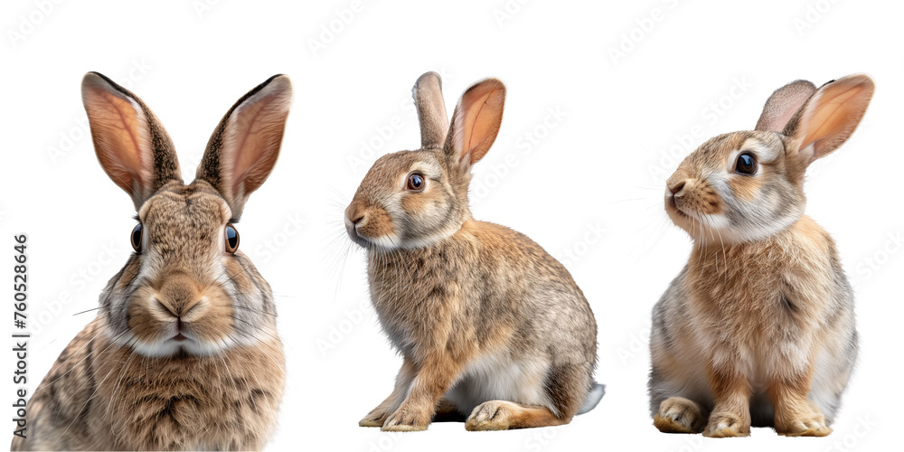 Collection of rabbits (portrait, sitting, side view), animal bundle Isolated on Transparent Background, cut out. PNG