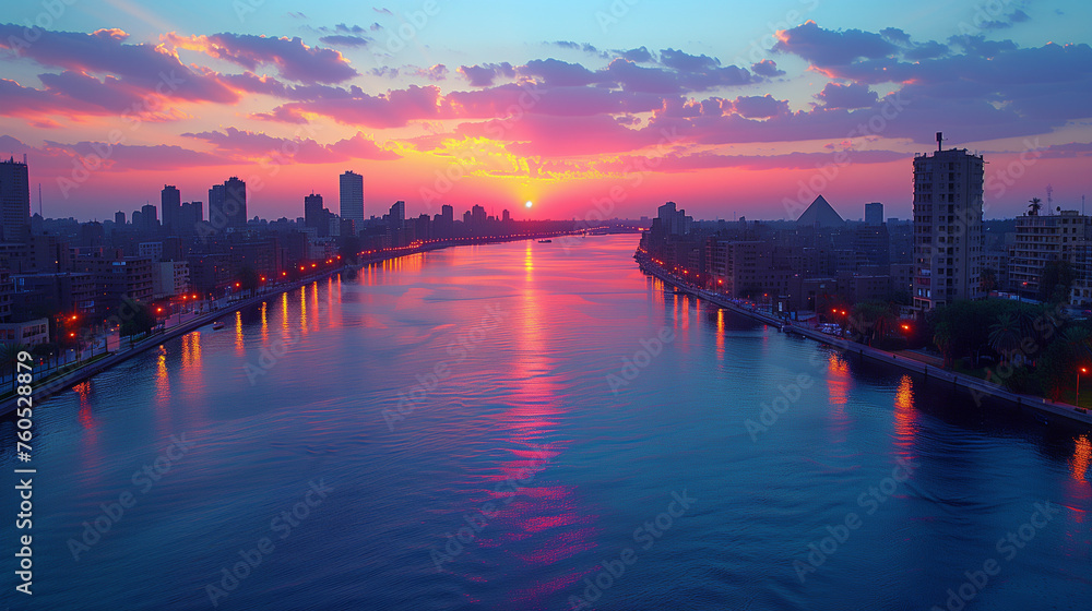 Sunset Over Urban Waterway