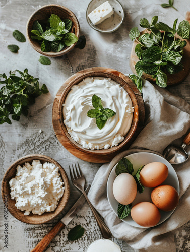 Fresh dairy products, milk, cottage cheese, eggs, yogurt, sour cream and butter on kitchen table сreated with Generative Ai