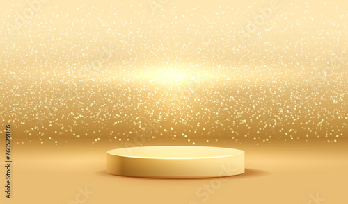 Podium with golden cylinder pedestal background.  Glitter dots geometric wall background. Award scene for display products, stage showcase design. Vector celebrities empty studio.	
