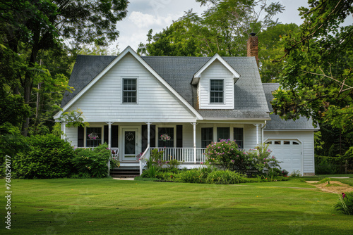 White two-story home with front porch and garage  green grass in the yard  trees and flowers