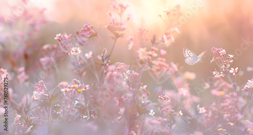 a butterfly fluttering over a field of wildflowers, captured at dawn with soft, pastel hues, 