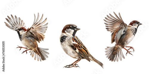 house sparrow bird collection, portrait, flying and standing, Isolated on Transparent Background, cut out. PNG photo