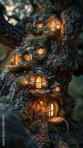 Fairy village in an old oak tree, lanterns lit at dusk, close-up, magical realism style
