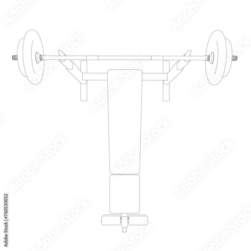 Outline of Gym bench and barbell on white stand isolated on white background. Vector illustration. Line art vector of Barbell Bench Press. Top view. 3D.