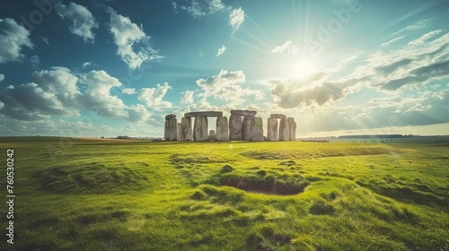 Spring sunny landscape of historic Stonehenge in England, UK. Beautiful panorama. photo