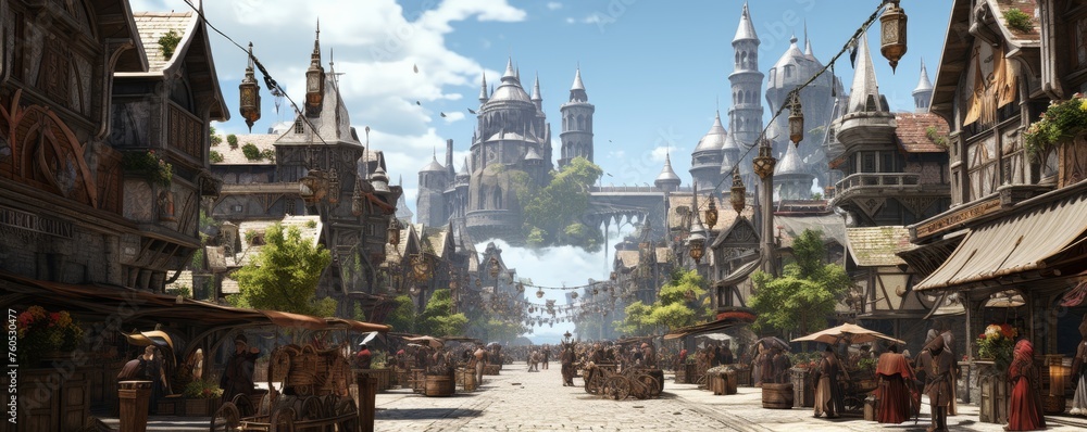 Smart city hosting a renaissance fair with digital twins of dragons, elves, and dwarves