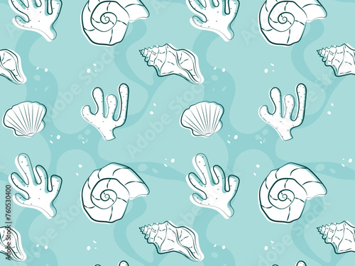 Seamless pattern of seashells, corals, mollusks, starfish on blue background. Trendy flat illustration of a collection of seashells for packaging and notebooks.