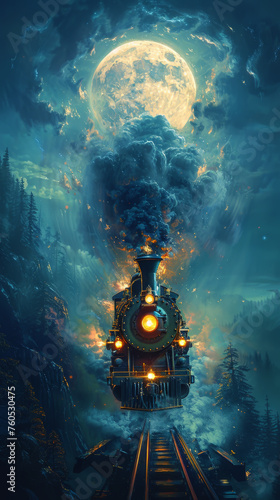 Victorian ghost train emerging from a misty tunnel, full moon, animation style