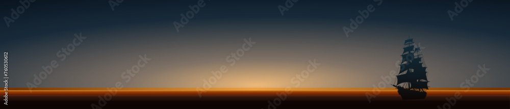 Vector illustration in the form of a horizontal color banner with a silhouette of a sailboat on the background of a beautiful dawn on the sea for your artwork design