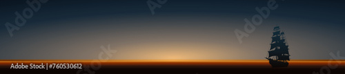 Vector illustration in the form of a horizontal color banner with a silhouette of a sailboat on the background of a beautiful dawn on the sea for your artwork design