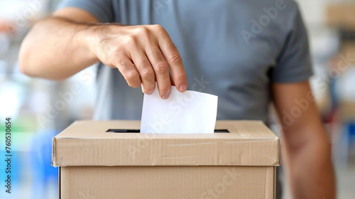 Man putting his vote into ballot box on blurred background сreated with Generative Ai