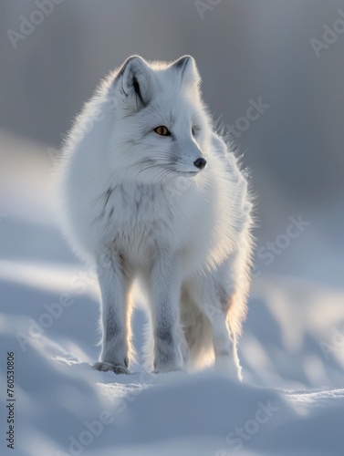 Arctic fox in snowy wilderness - A stunning close-up of a white arctic fox, its fur providing camouflage against the snowy backdrop, embodying wilderness survival