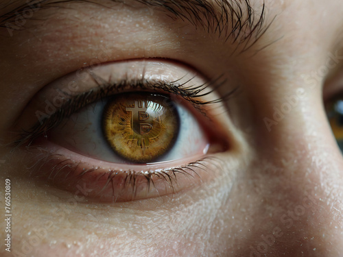 Primer plano de un ojo humano con un bitcoin digital reflejado en el iris. Concepto de venta del iris por criptomonedas