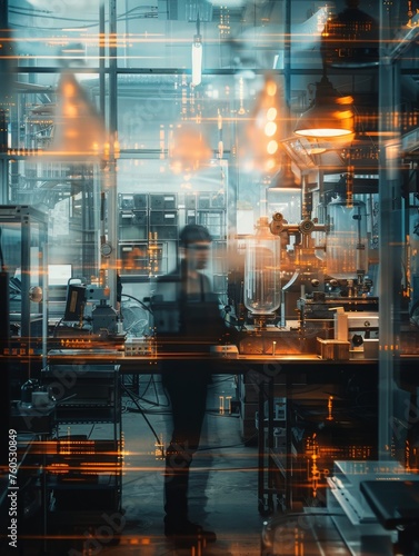 Busy industrial facility with a blurry figure - A dynamic shot showing the bustle of a high-tech industrial setting with reflective surfaces and a blurry human figure