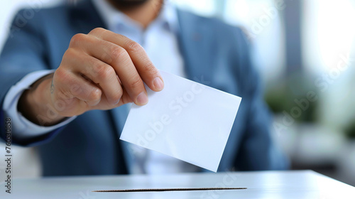 Man putting his vote into ballot box on blurred background сreated with Generative Ai