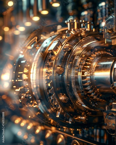 Close view of advanced mechanical machinery - A detailed perspective on a complex machinery piece, showing the intricate engineering and design