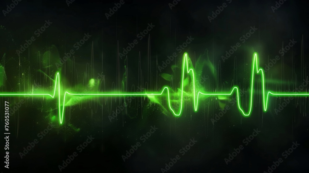 Energetic green heartbeat on black backdrop - A vivid green electrocardiogram (ECG) line, symbolizing a heartbeat or pulse, against a dark, abstract background