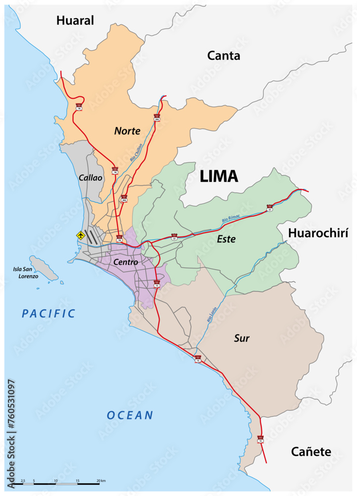 Administrative and road map of the Peruvian capital Lima