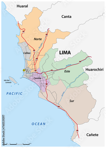 Administrative and road map of the Peruvian capital Lima