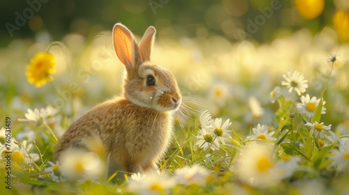 Easter rabbit, bunny, sits in grass. Happy easter. Celebration.