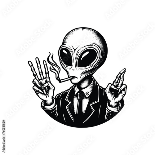 black and white alien smoking cigarette vector illustration