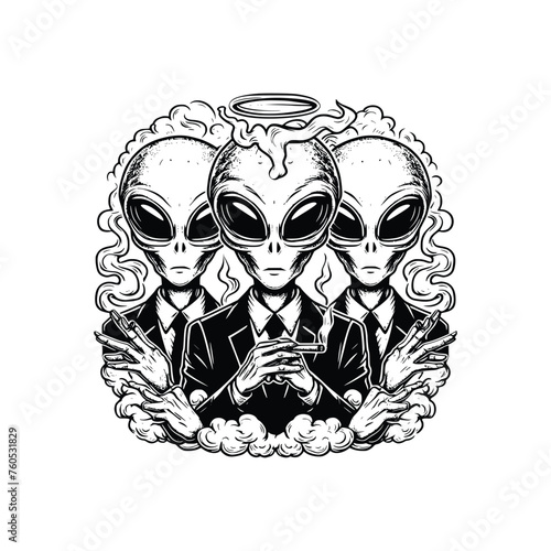 black and white alien smoking cigarette vector illustration