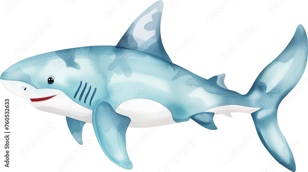 Obraz premium Cute watercolor shark, fish png clipart. Baby sticker printables. Perfect for baby clothing, textiles, fabrics