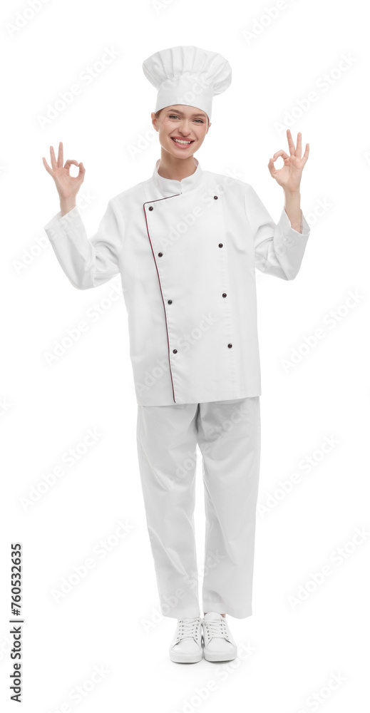 Happy woman chef in uniform showing OK gestures on white background