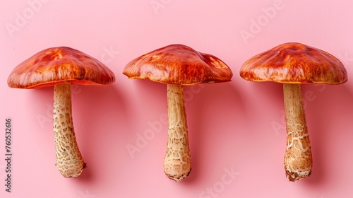 Velvet pioppini mushrooms on pastel colored background   agrocybe aegerita in soft hues photo