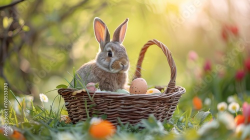 Easter rabbit, bunny, sits by a basket filled with colorful eggs in grass. Happy easter. Celebration.