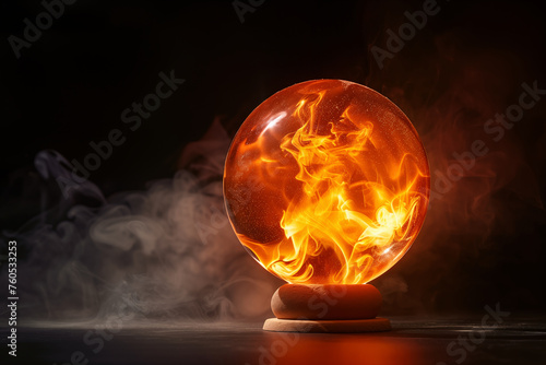 Crystal ball energy magic sphere with orange smoke on a black background and on a wooden support