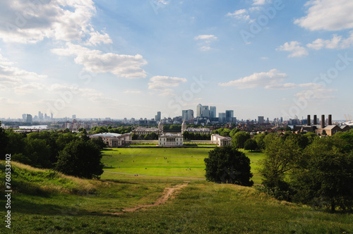 London, England, Panoramic View Of Greenwich and Canary Wharf With Blue Sky And Clouds