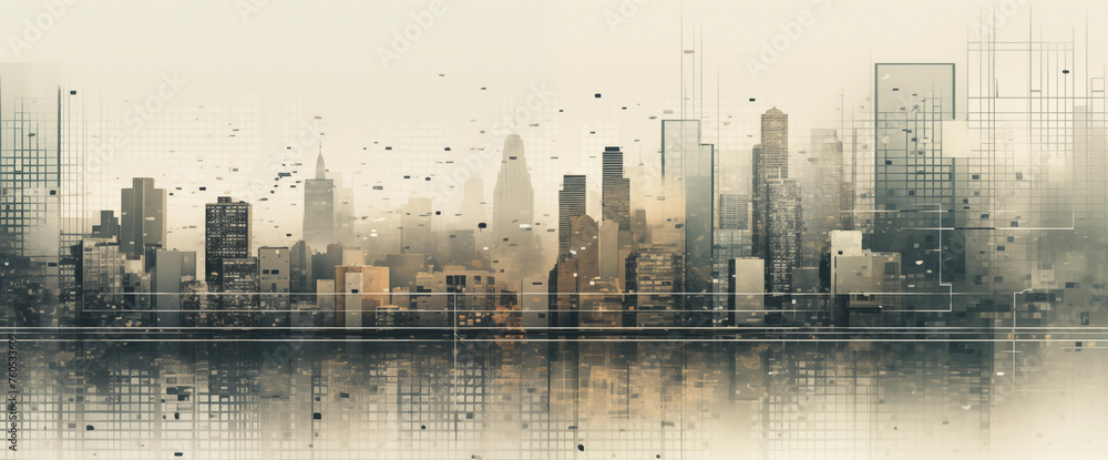 Illustration of a Dusty, Vast Megacity in a Stylish Manner. Captures the Urban Grit and Glamour of a Bustling Metropolis with Modern Flair. Reflects the Energy and Complexity of City Life in Artistic  - obrazy, fototapety, plakaty 