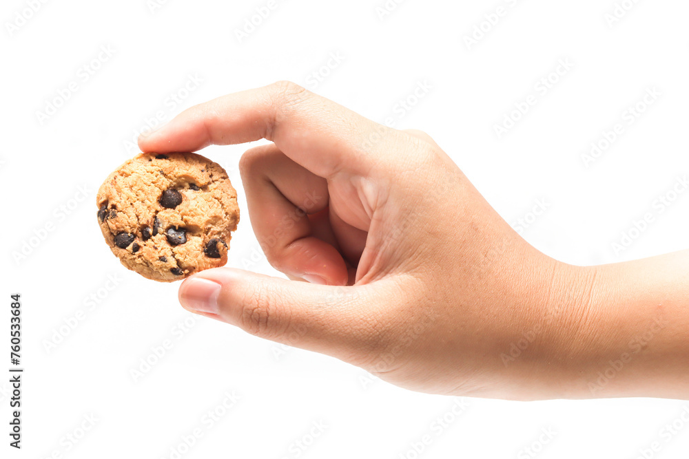 Hand holding chocolate chip cookies isolated on white background clipping path Hand holding chocolate chip cookies isolated on white background clipping path