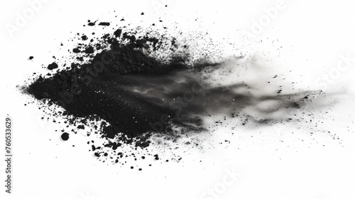 Black chalk pieces and powder flying, explosion effect isolated on white, clipping path photo