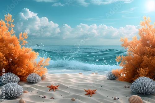 Beach Scene Painting With Starfish and Corals © D