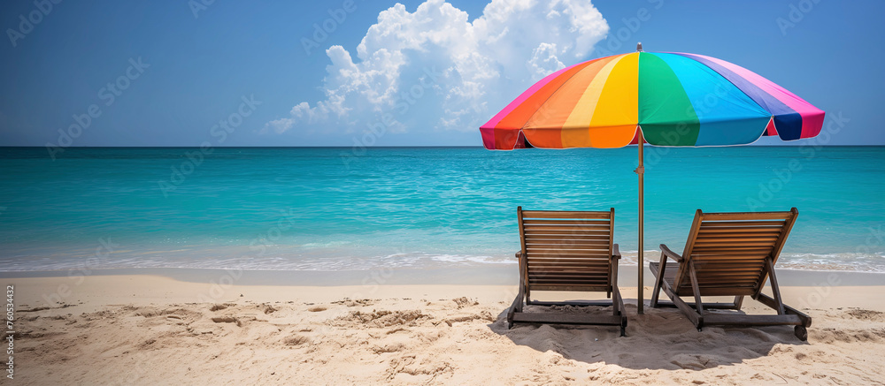 Sillas y sombrilla  en una playa vacía en verano - obrazy, fototapety, plakaty 