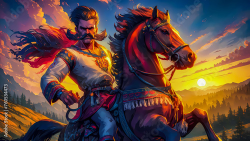 Ukrainian Cossack with prominent mustache rides a horse with great pride and fearlessness against landscape of rolling hills, lush forests, vibrant sunset sky, evoking essence of Ukrainian folklore