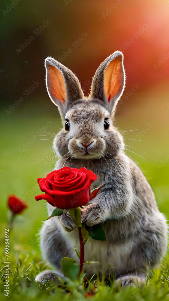 Close-up shot, grey rabbit delicately holds red rose in its front paws amidst lush garden setting, defocused background adds depth, highlighting intimate moment. Hare's gaze fixed directly at camera Close-up shot, grey rabbit delicately holds red rose in its front paws amidst lush garden setting, defocused background adds depth, highlighting intimate moment. Hare's gaze fixed directly at camera