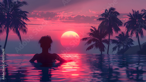 A person relaxing in a swimming pool at sunset with palm trees in the background. Ai generative illustration