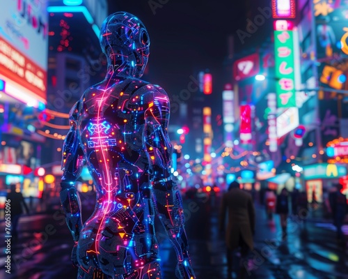 Neon cyber humanoid amidst vibrant street signs - A neon cybernetic being walks among vibrant street signage, depicting a high-energy, futuristic urban scene