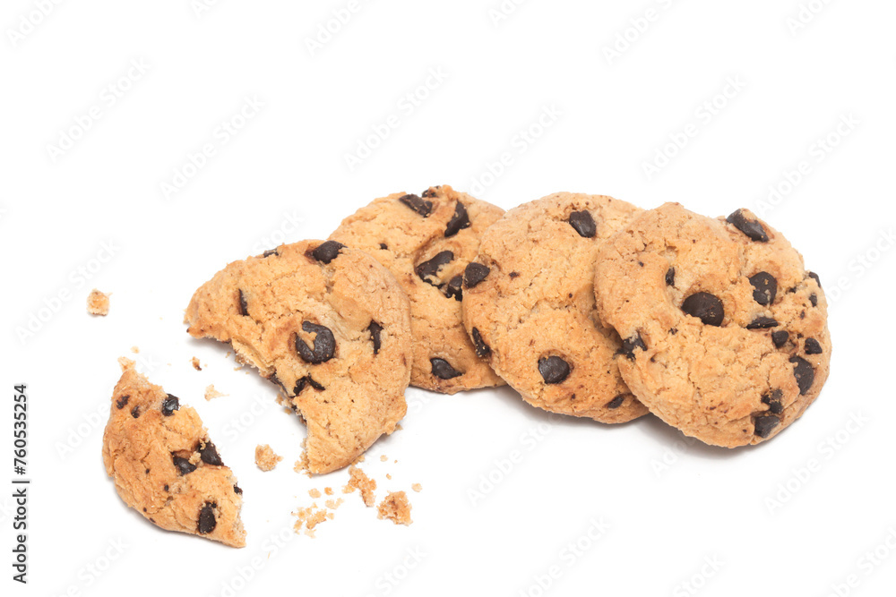 Group of chocolate chip cookies with broken crumble top view isolated on white background clipping path Group of chocolate chip cookies with broken crumble top view isolated on white background clipping path