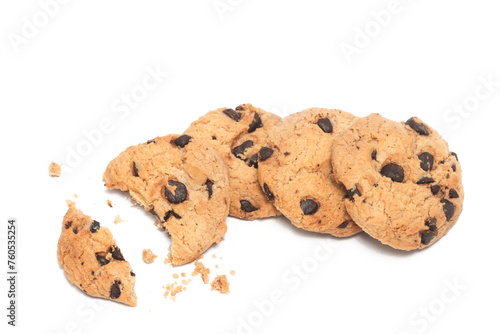 Group of chocolate chip cookies with broken crumble top view isolated on white background clipping path
