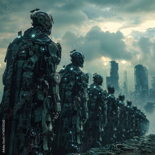 Robotic soldiers in dystopian future landscape - An array of futuristic robot soldiers stand in formation against a dystopian city backdrop