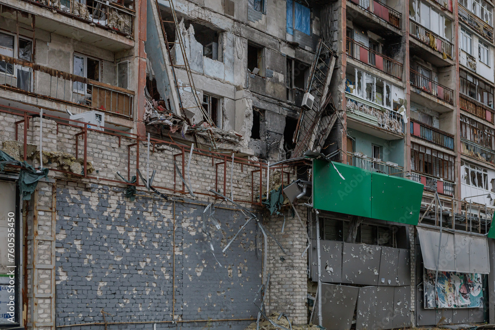 Destroyed and abandoned residental building during war in Ukraine.