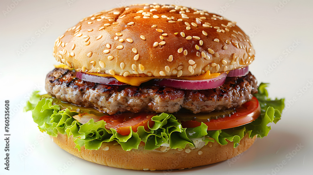 A staple food in fast food cuisine, the hamburger features lettuce, tomato, and onions on a sesame seed bun. This dish is a popular recipe made with baked goods and fresh produce